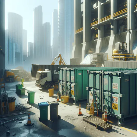 Contenedores industriales para demoliciones en una obra urbana con gestión de residuos y señalización de seguridad