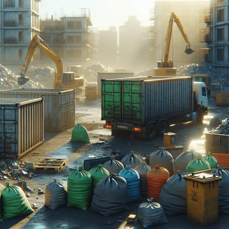 Zona de obras con contenedores metálicos y sacos de escombros listos para la recogida y gestión de residuos de construcción