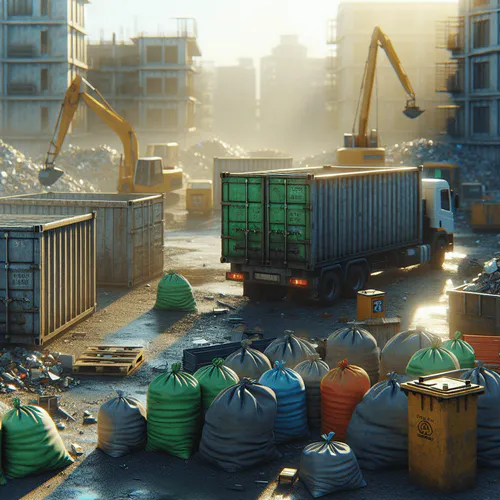 Zona de obras con contenedores metálicos y sacos de escombros listos para la recogida y gestión de residuos de construcción