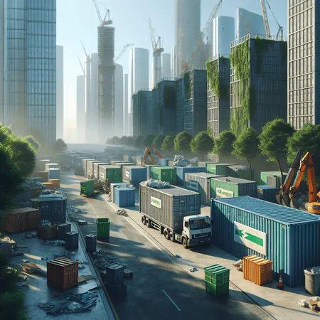 Contenedores de obra y camiones en una calle de construcción moderna, representando el presupuesto y los costes de gestión de residuos en obras