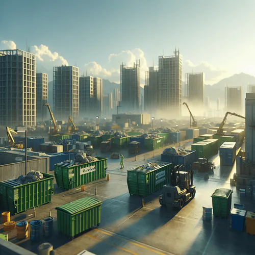 Patio logístico con contenedores verdes, carretillas y grúas entre edificios en construcción, ilustrando la gestión logística de contenedores y la optimización del servicio