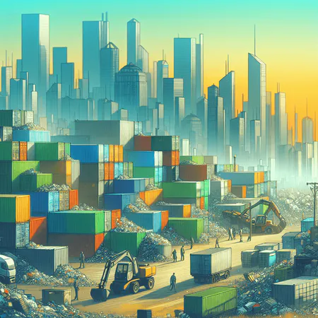 Ilustración de una zona de construcción con contenedores de escombros apilados y maquinaria pesada frente a un skyline moderno, mostrando diversos tipos y capacidades para la guía “Tipos de contenedores de escombros: Guía completa para elegir el adecuado