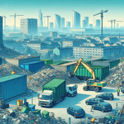 Ilustración de un vertedero controlado con contenedores, camiones de basura y excavadora frente a una ciudad moderna en España, representando la legislación vigente sobre residuos