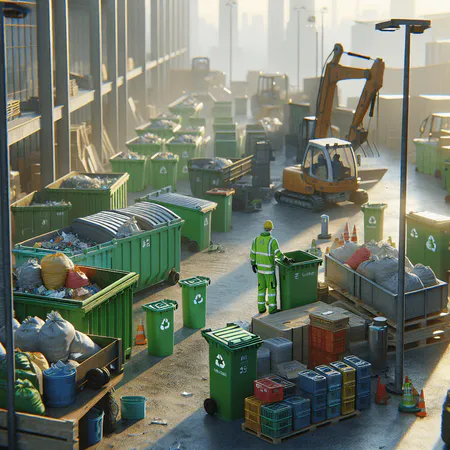Operarios en una obra separando residuos de construcción en contenedores etiquetados para reciclaje y reutilización
