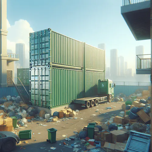 Contenedor de escombros instalado en una obra de construcción con camión de transporte