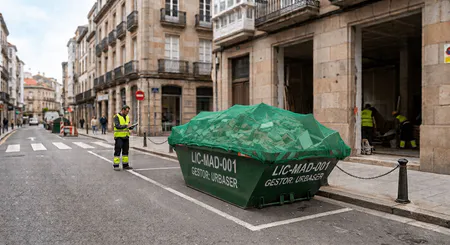 Contenedor de escombros instalado en la vía pública durante una obra urbana, con operarios y medidas de seguridad.