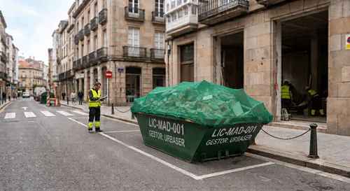 Contenedor de escombros instalado en la vía pública durante una obra urbana, con operarios y medidas de seguridad.